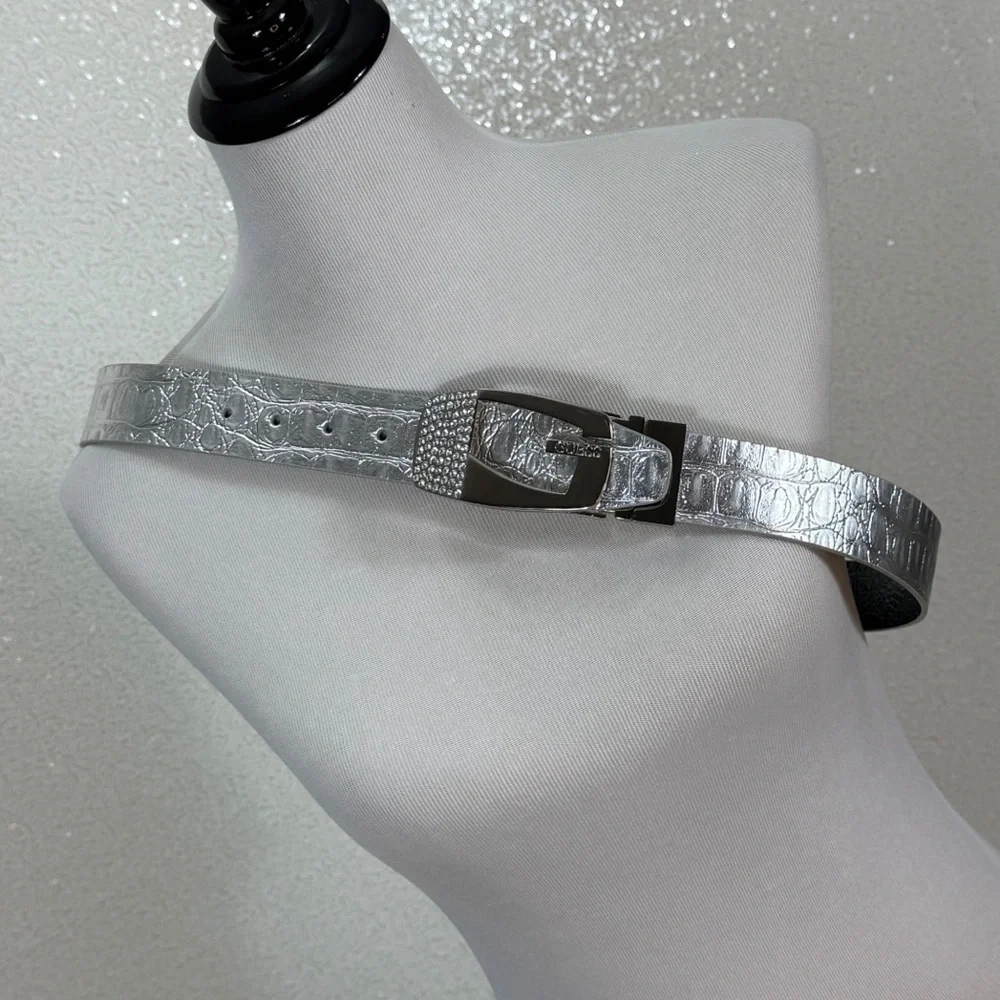 GUESS Silver Belt Rhinestone Buckle Metallic Faux Leather 38- 42 Waist